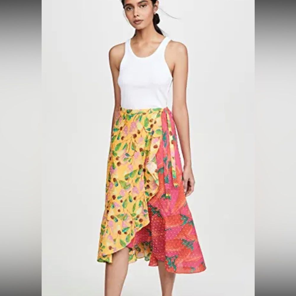 FARM Rio Yellow and Pink Floral Wrap Midi Skirt
